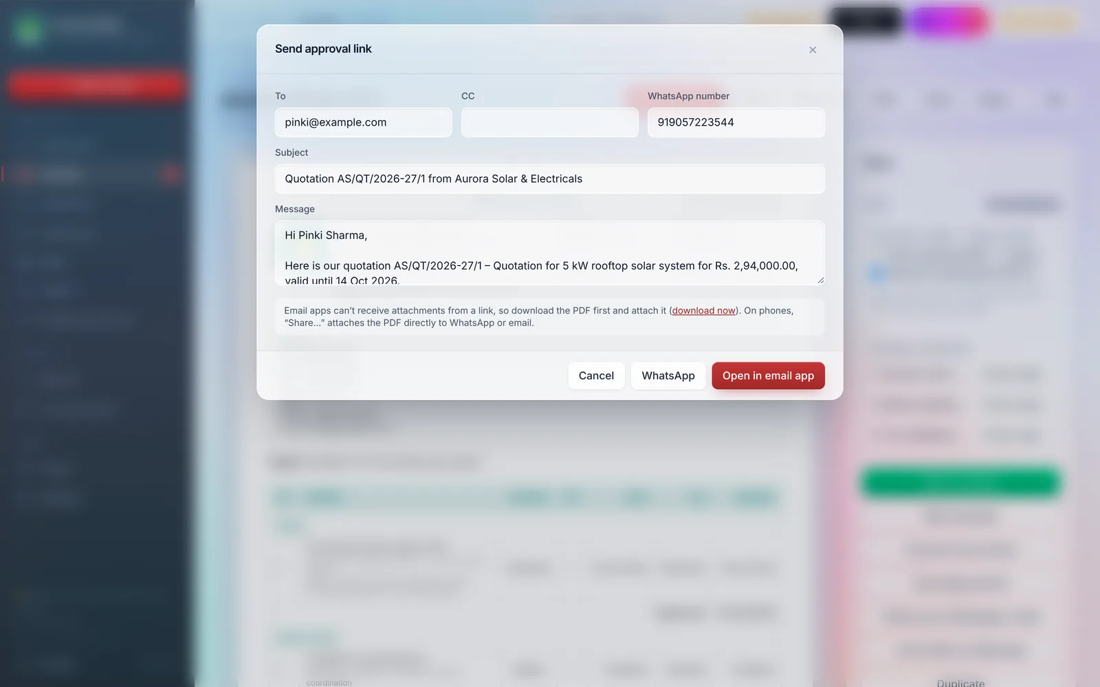 Send approval link dialog