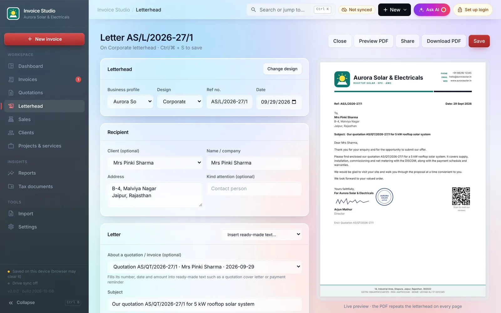 Letter editor with live preview