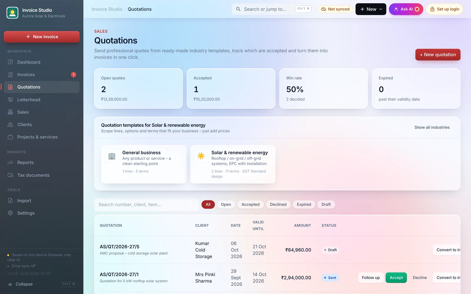 Quotations page with industry templates