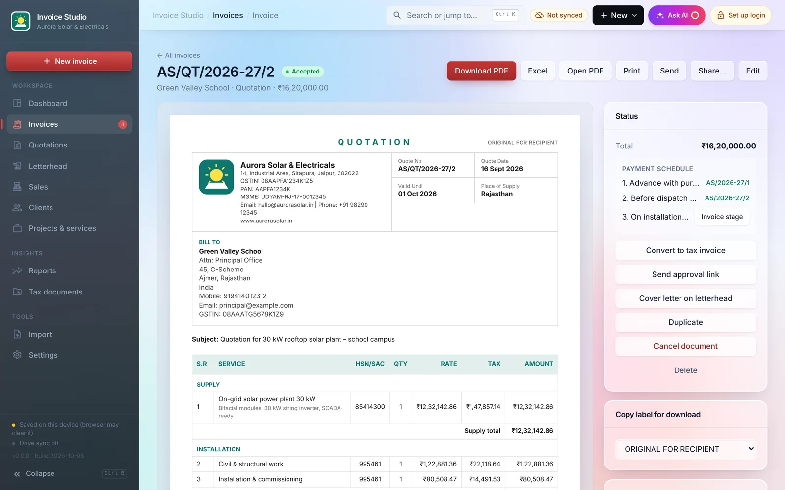 Quotation with payment schedule and stage invoices